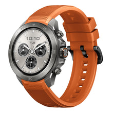 Mibro Se GS Explorer S Titanium Bezel ur med sølv urskive, tre subdials, digitalt display, orange silikonerem, GPS.