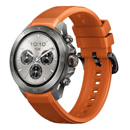 Mibro Se GS Explorer S Titanium Bezel ur med sølv urskive, tre subdials, digitalt display, orange silikonerem, GPS.