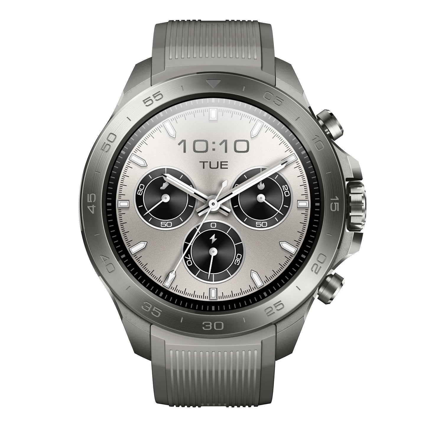 Mibro Se GS Explorer S Titanium Bezel smartwatch, rund sølvskive, tid 10:10, TUE, GPS, tre subdials, grå teksturrem.