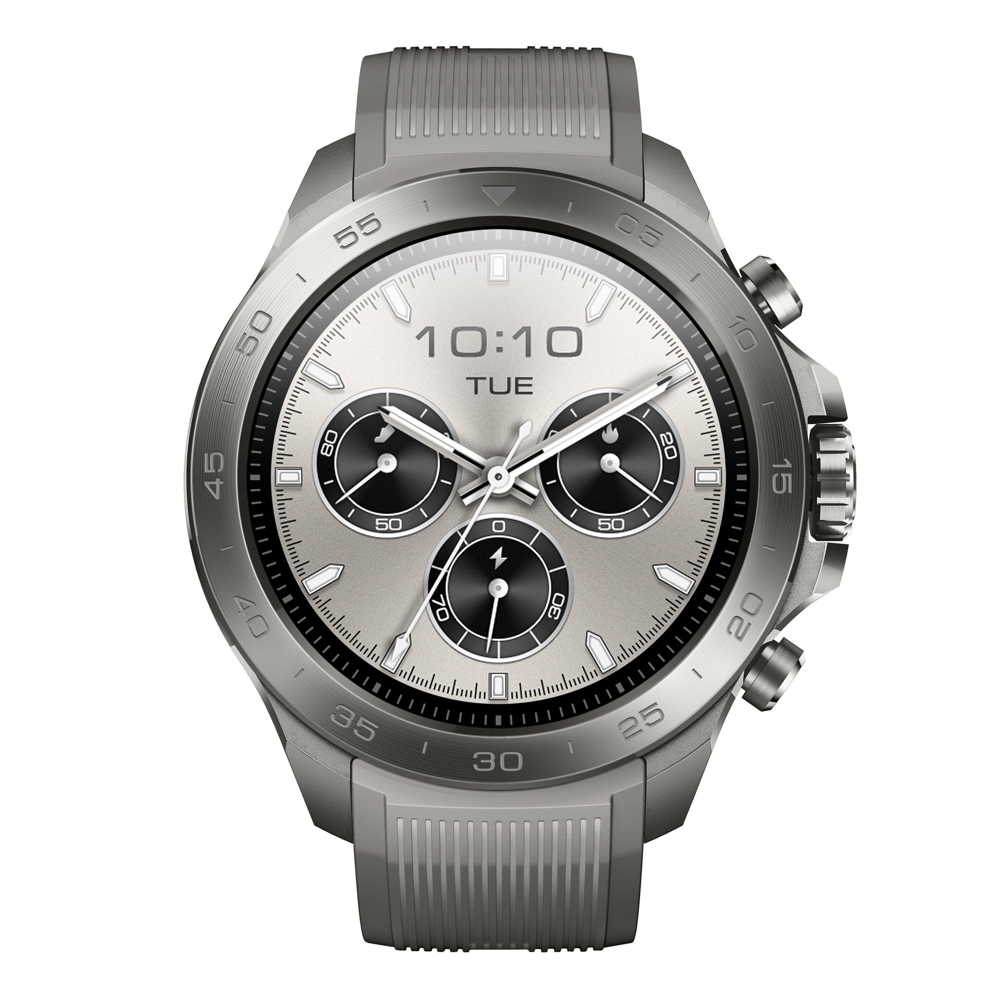 Mibro Se GS Explorer S Titanium Bezel smartwatch, rund sølvskive, tid 10:10, TUE, GPS, tre subdials, grå teksturrem.
