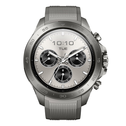 Mibro Se GS Explorer S Titanium Bezel smartwatch, rund sølvskive, tid 10:10, TUE, GPS, tre subdials, grå teksturrem.