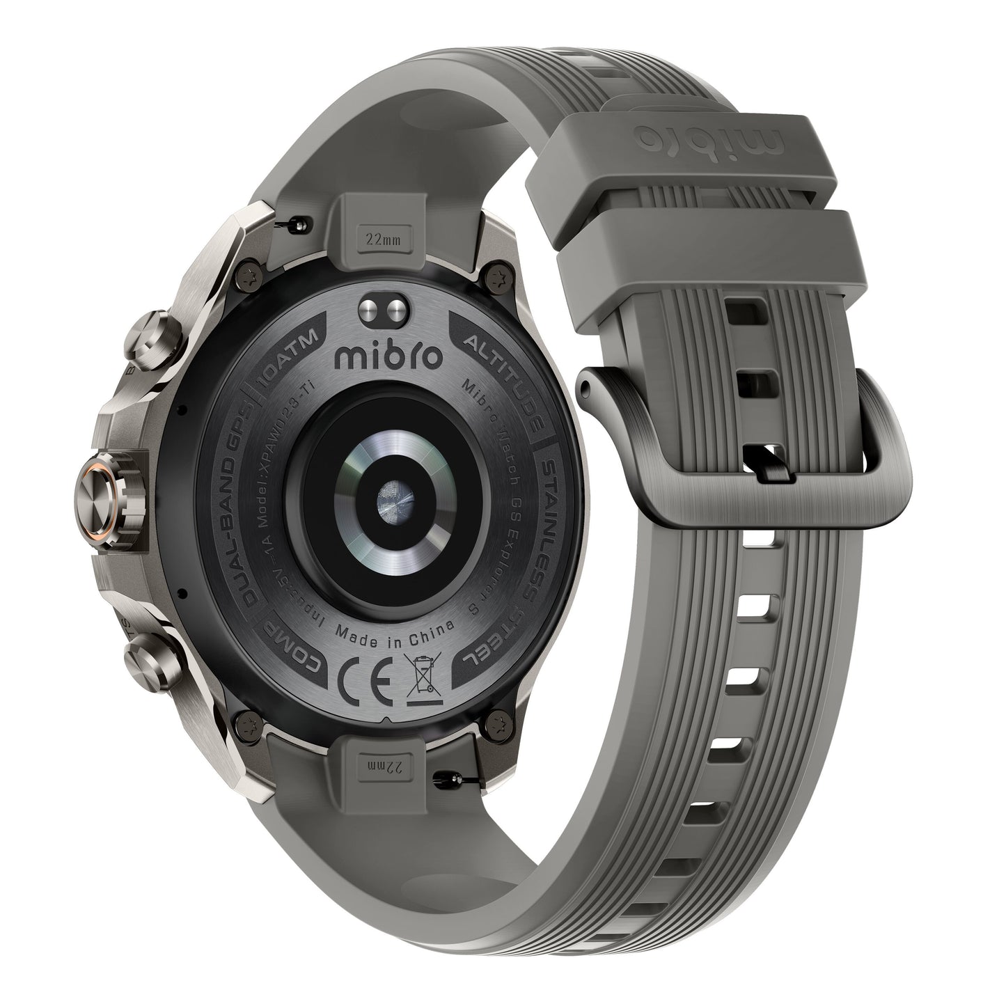 Mibro Se GS Explorer S Titanium Bezel smartwatch bagside i grå med metalhus, sensor og grå tekstureret silikonerem.