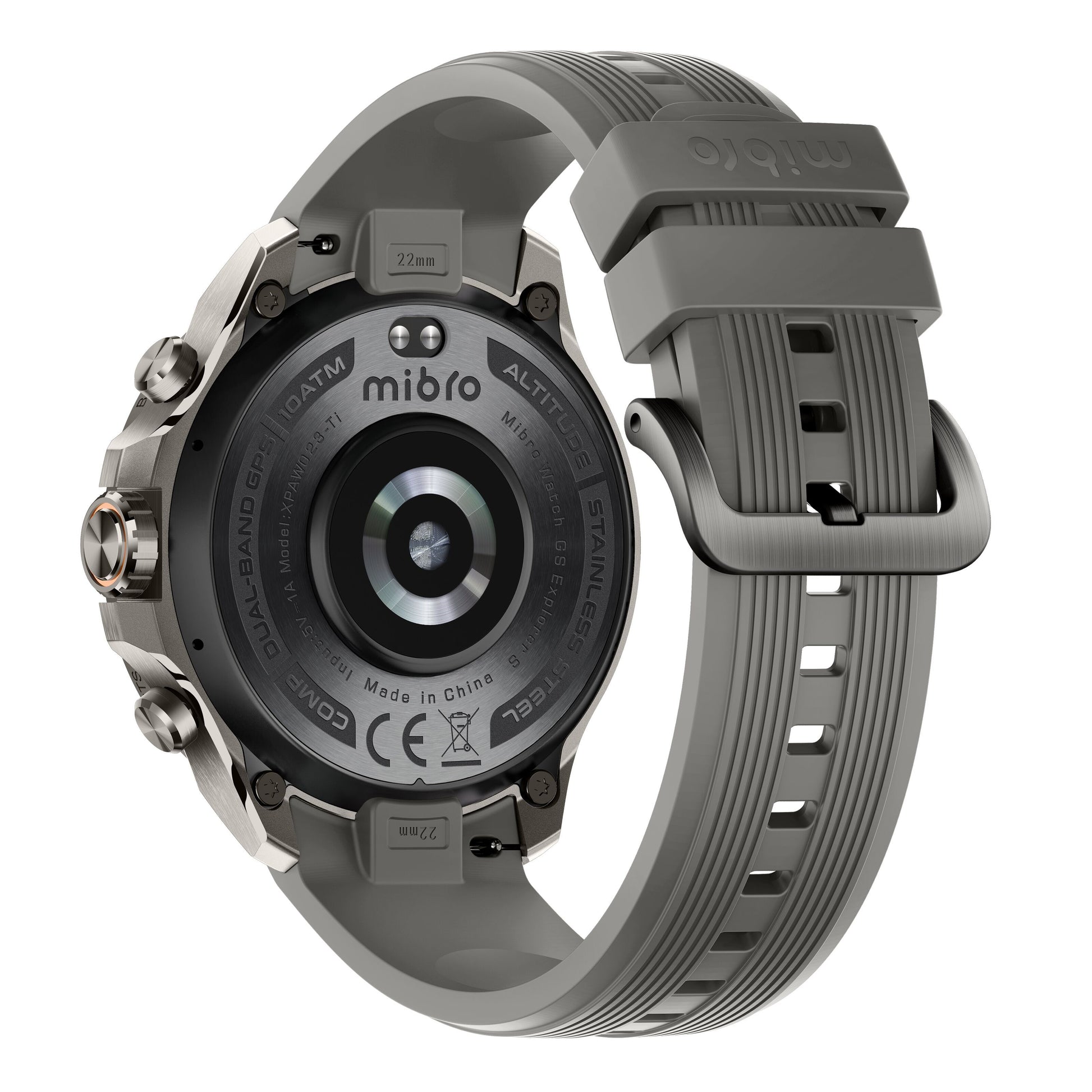 Mibro Se GS Explorer S Titanium Bezel smartwatch bagside i grå med metalhus, sensor og grå tekstureret silikonerem.