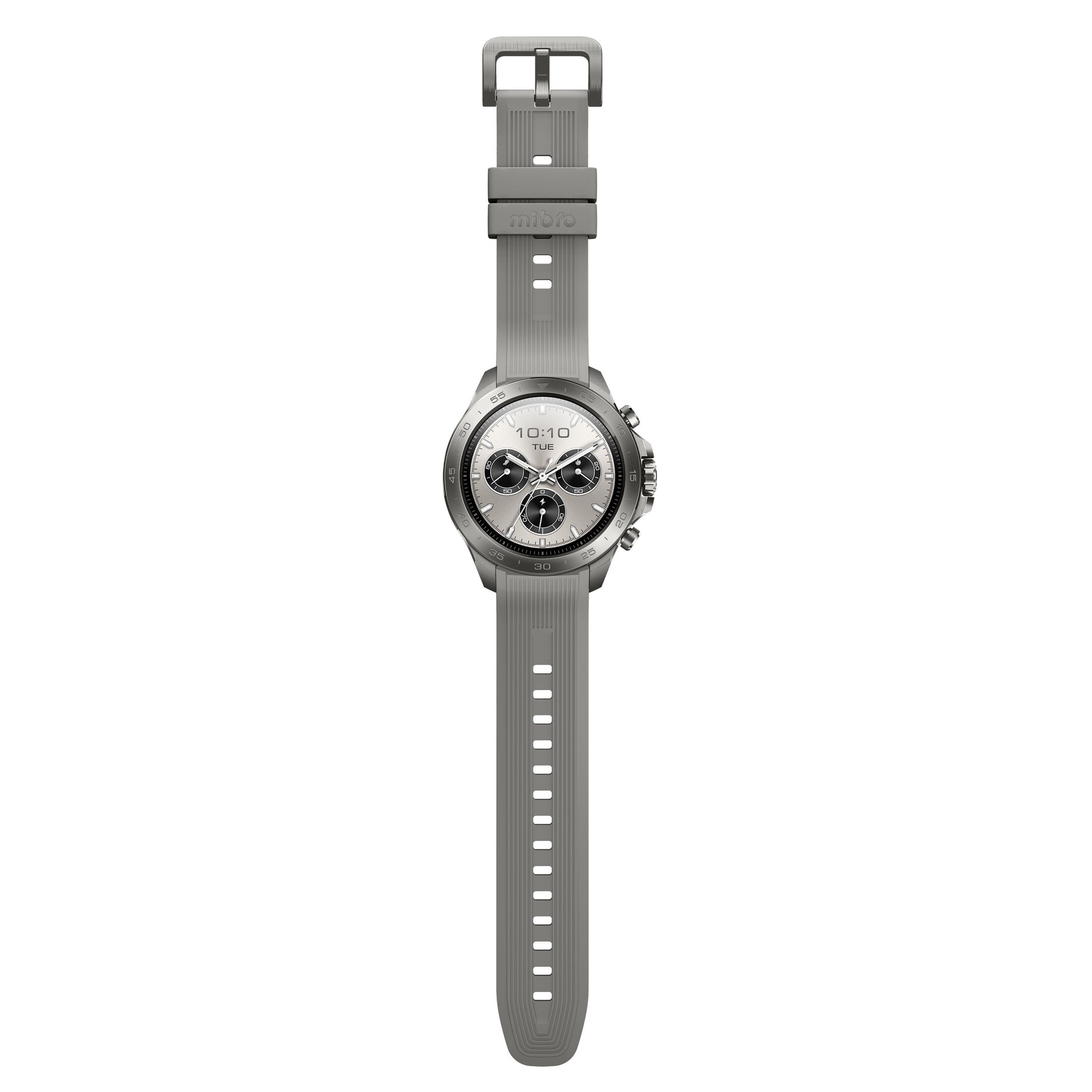 Mibro Se GS Explorer S Titanium Bezel smartwatch, rund sølvskive, grå silikonerem, flere sideknapper, GPS, lang batteritid.