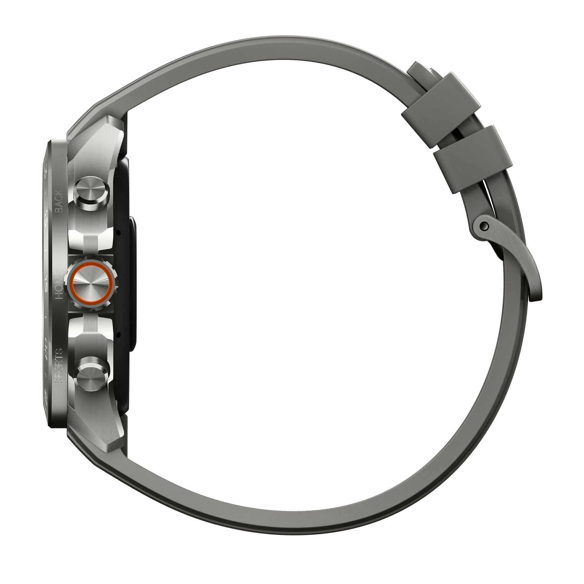 Mibro Se GS Explorer S Titanium Bezel smartwatch i sideprofil med grå rem, tre metal-knapper og orange accent på midterste knap.