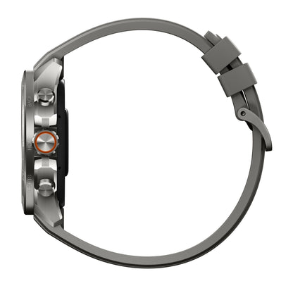 Mibro Se GS Explorer S Titanium Bezel smartwatch i sideprofil med grå rem, tre metal-knapper og orange accent på midterste knap.