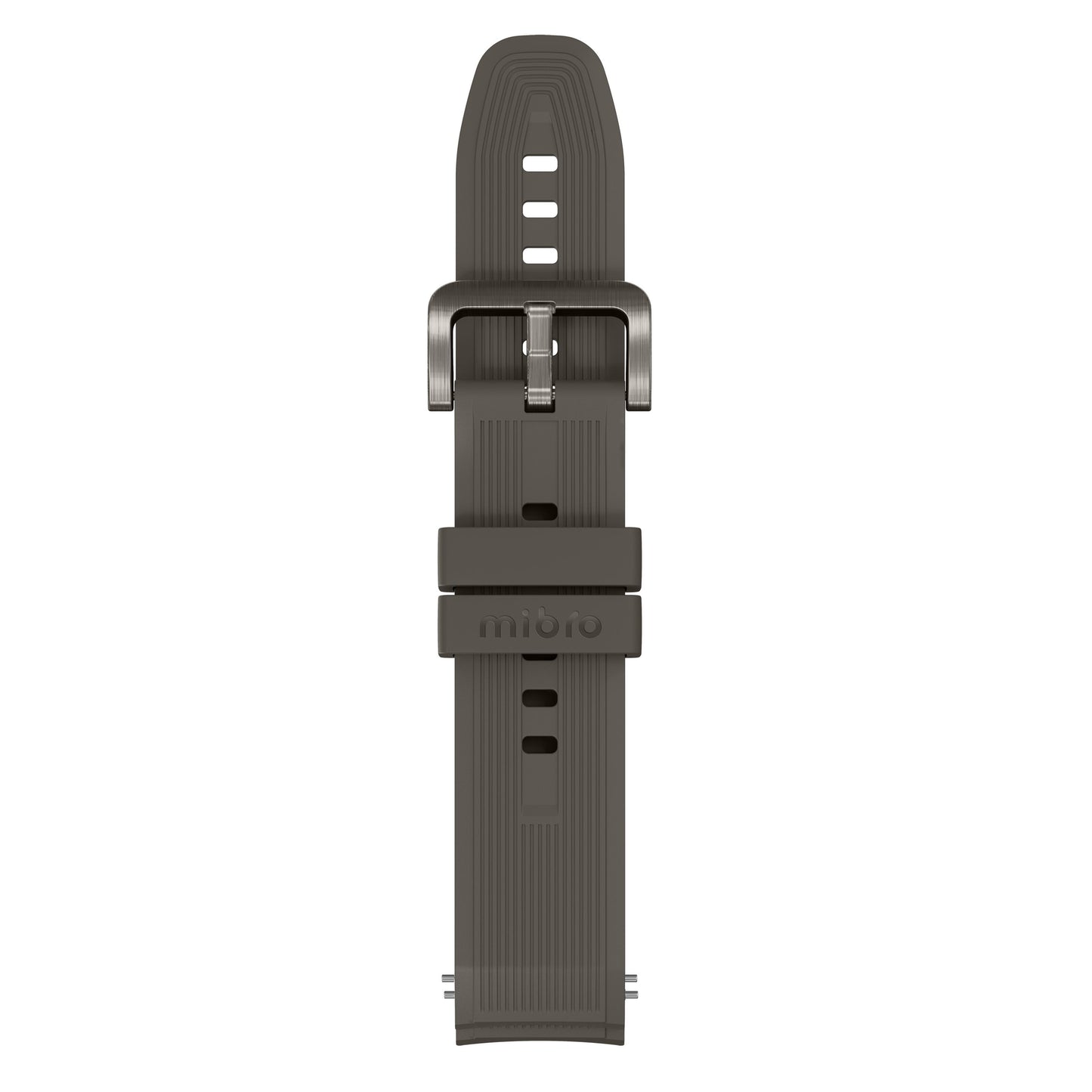 Mibro Se GS Explorer S Titanium Bezel grå silikonerem med metalspænde, justeringshuller og "miioio"-præget på løkke.