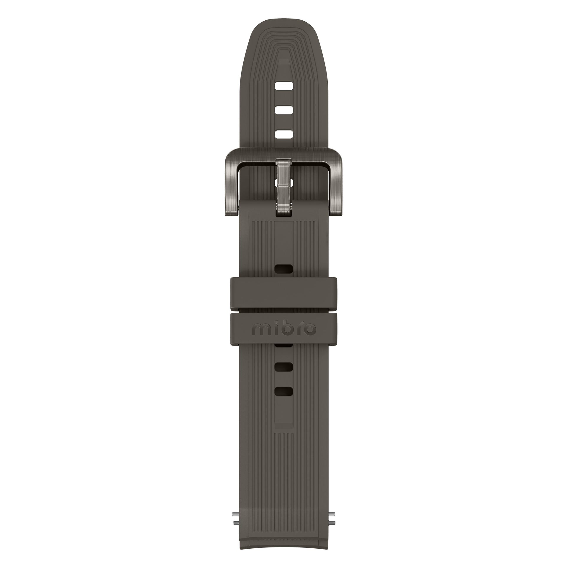 Mibro Se GS Explorer S Titanium Bezel grå silikonerem med metalspænde, justeringshuller og "miioio"-præget på løkke.