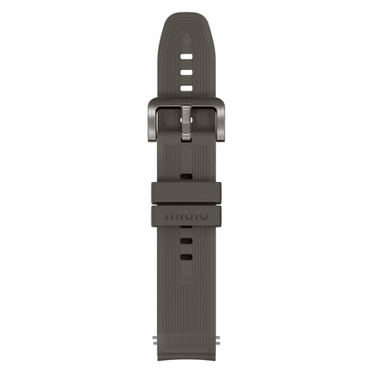 Mibro Se GS Explorer S Titanium Bezel grå silikonerem med metalspænde, justeringshuller og "miioio"-præget på løkke.