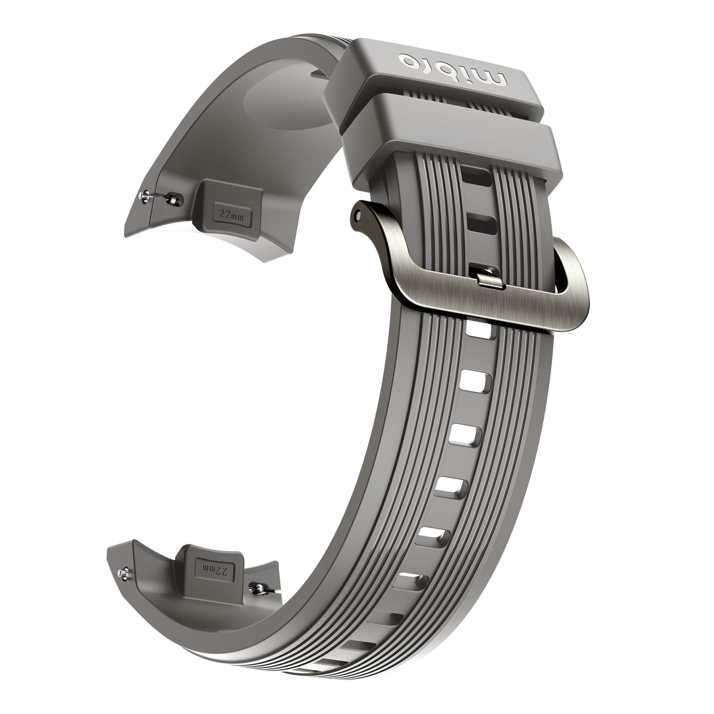 Mibro Se GS Explorer S Titanium Bezel grå silikonerem med teksturerede linjer, sølvspænde og justerbare huller.