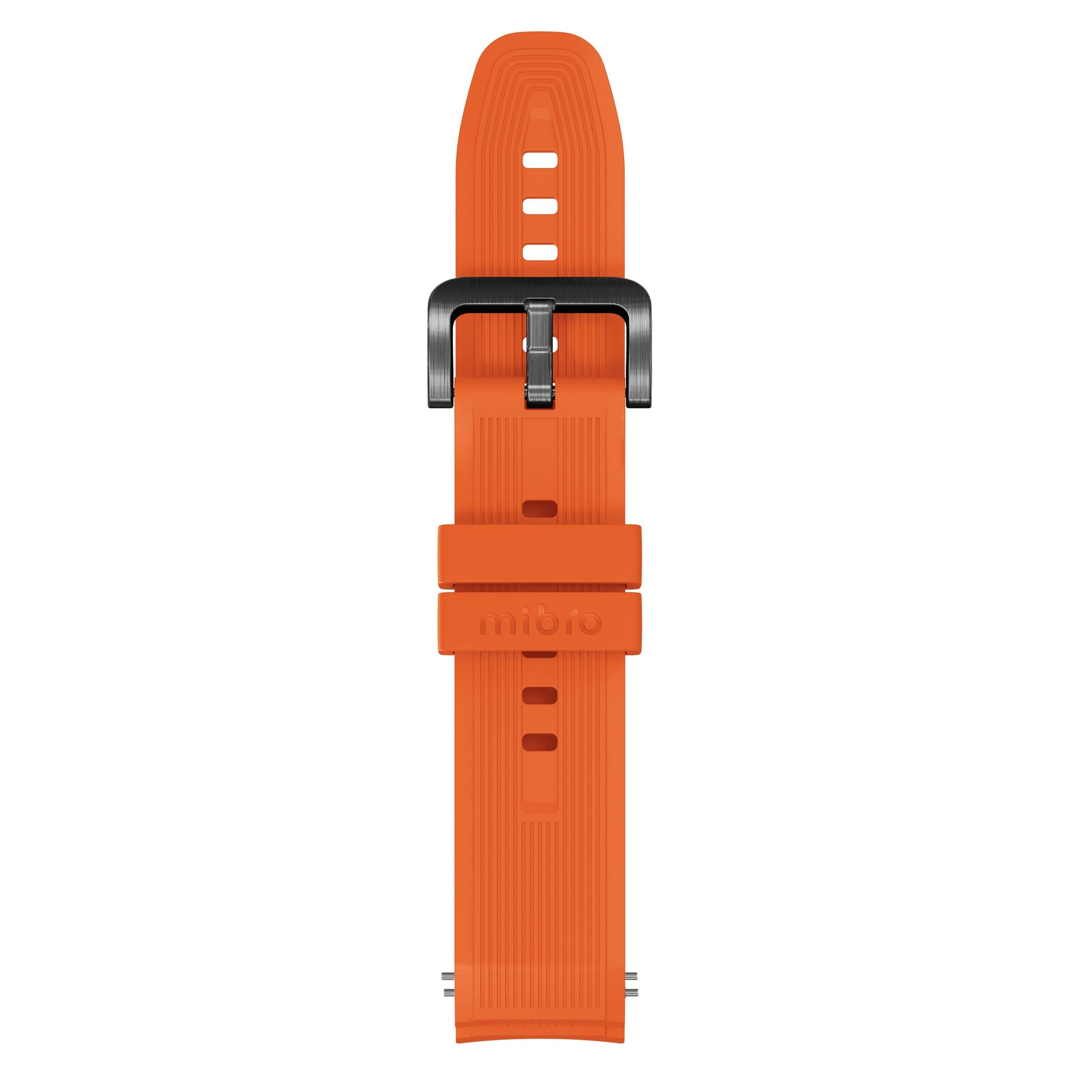 Orange silikonerem med rillet struktur, metalspænde og justeringshuller til Mibro Se GS Explorer S Titanium Bezel smartwatch.