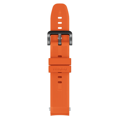 Orange silikonerem med rillet struktur, metalspænde og justeringshuller til Mibro Se GS Explorer S Titanium Bezel smartwatch.