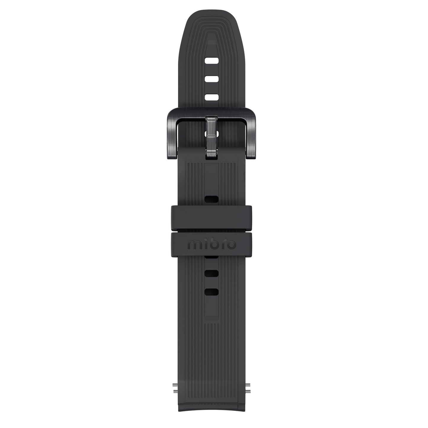 Sort silikone rem til Mibro Se GS Explorer S Titanium Bezel med metalspænde, justerbare huller, tekstur og Mibro-logo.