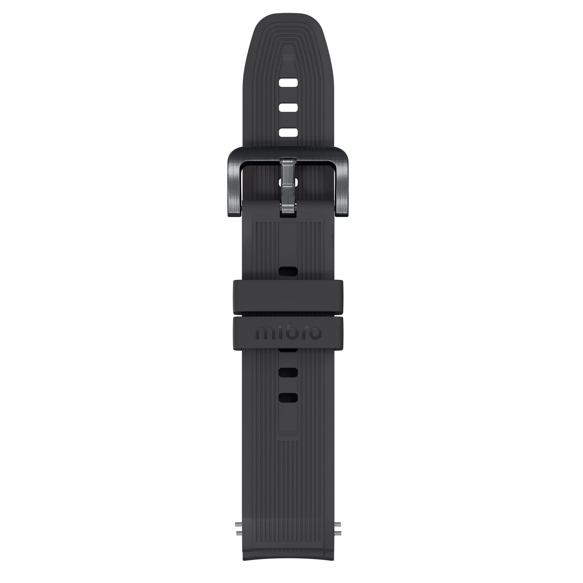 Sort silikone rem til Mibro Se GS Explorer S Titanium Bezel med metalspænde, justerbare huller, tekstur og Mibro-logo.