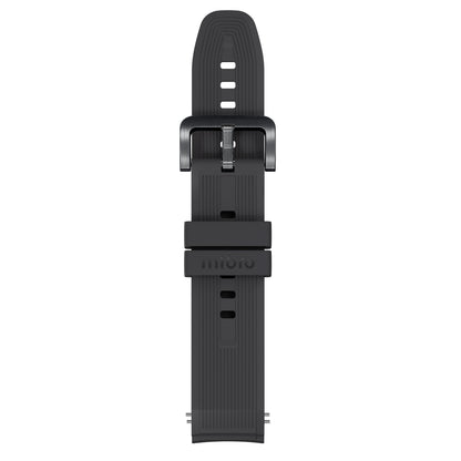 Sort silikone rem til Mibro Se GS Explorer S Titanium Bezel med metalspænde, justerbare huller, tekstur og Mibro-logo.