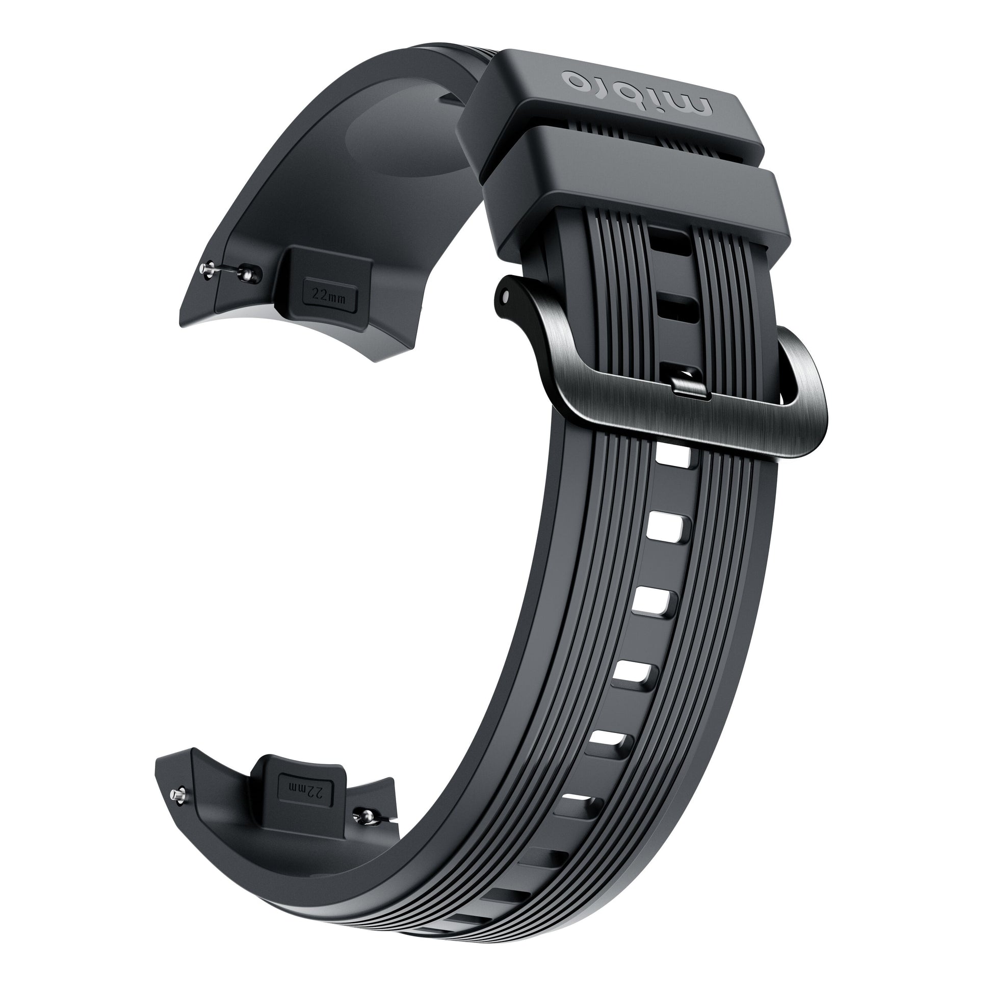 Mibro Se GS Explorer S Titanium Bezel sort silikonerem med tekstur, metalspænde, justerbare huller og Mibro-logo.