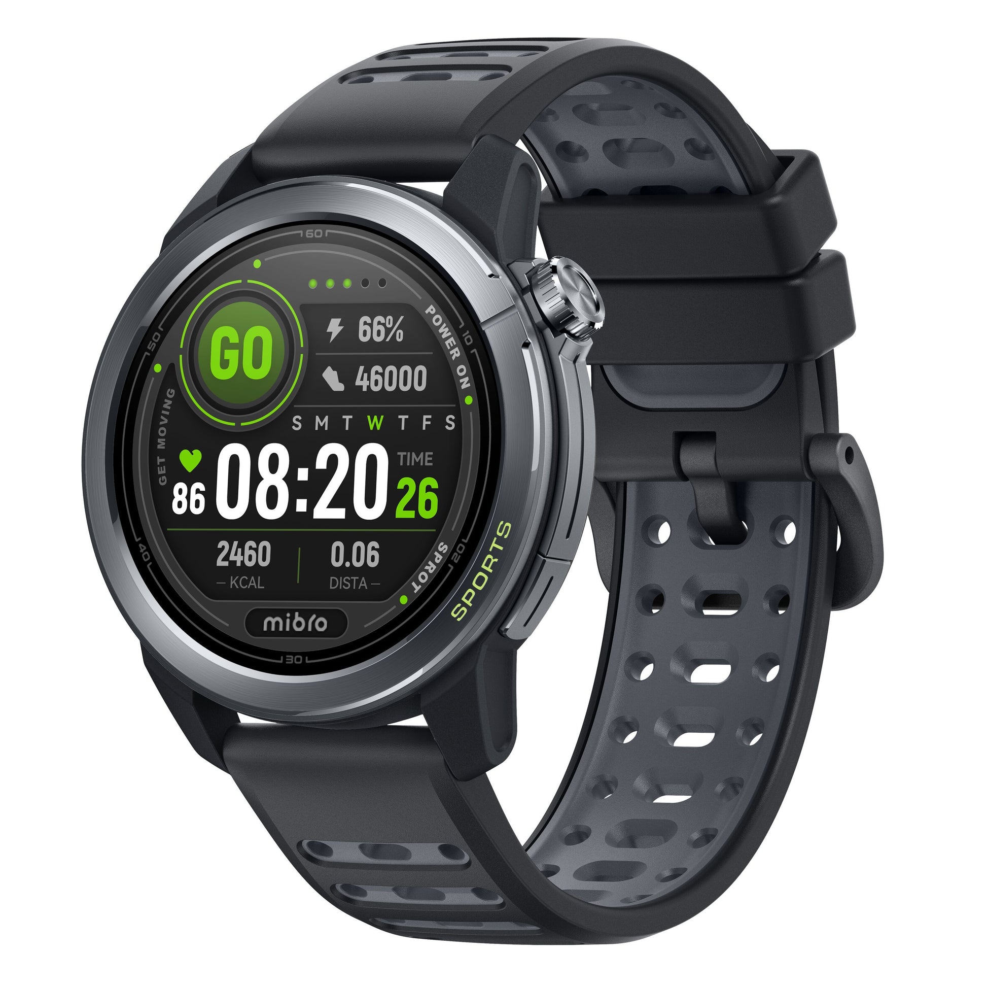 Mibro GS Active2 smartur mørkegrå, sort/sølv rundt ur med perforeret rem, AMOLED-skærm og farverig digital urskive.