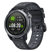 Mibro GS Active2 smartur mørkegrå, sort/sølv rundt ur med perforeret rem, AMOLED-skærm og farverig digital urskive.