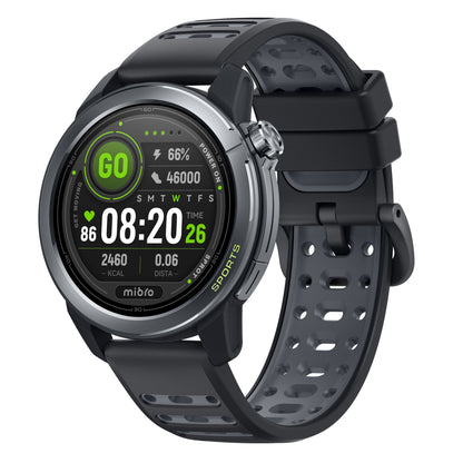 Mibro GS Active2 smartur mørkegrå, sort/sølv rundt ur med perforeret rem, AMOLED-skærm og farverig digital urskive.