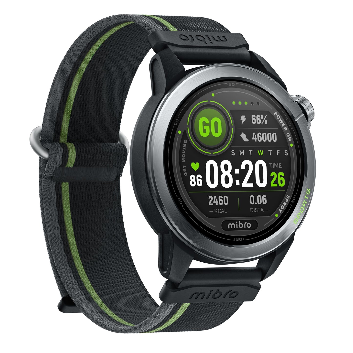 Mibro GS Active2 smartur, mørkegrå, AMOLED-skærm, sort rem m. grønne detaljer, viser skridt og klokken 08:20.