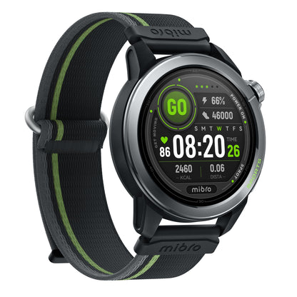 Mibro GS Active2 smartur, mørkegrå, AMOLED-skærm, sort rem m. grønne detaljer, viser skridt og klokken 08:20.