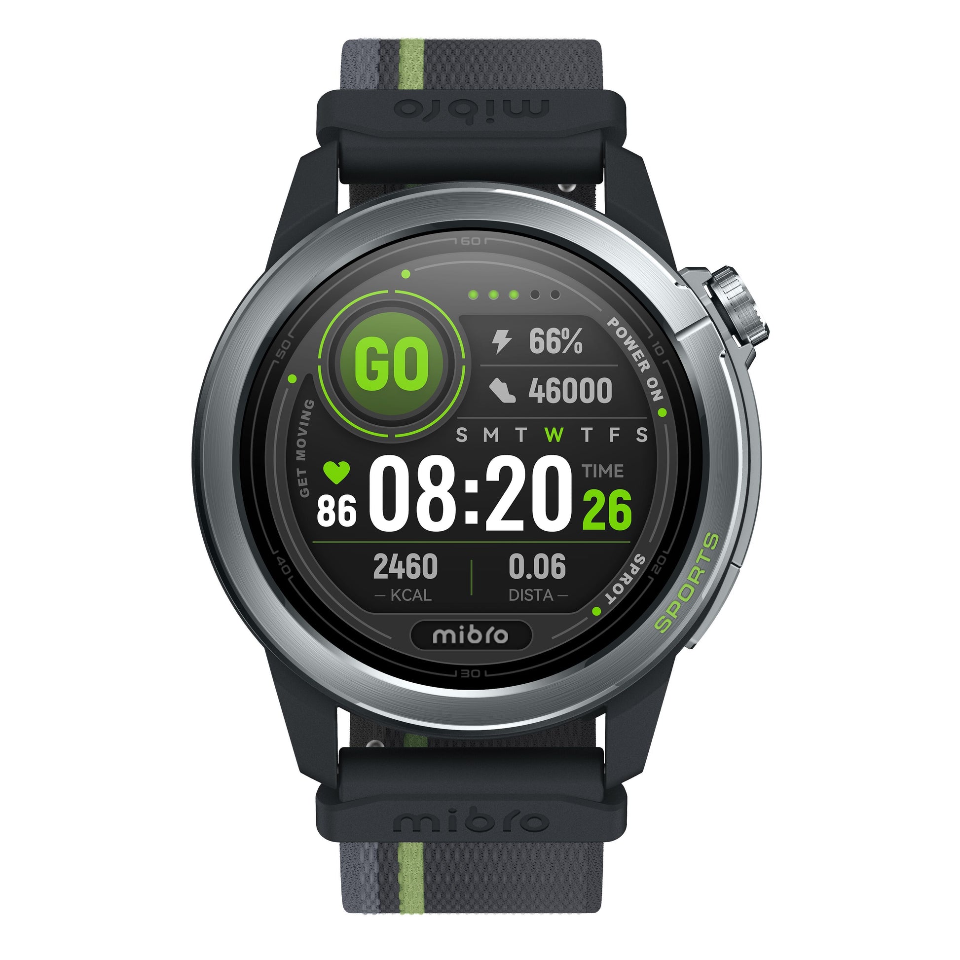 Mibro GS Active2 sports smartwatch rund AMOLED-skærm, mørkegrå/grøn rem, visning af 66 batteri, 46000 skridt, tid 08:20.