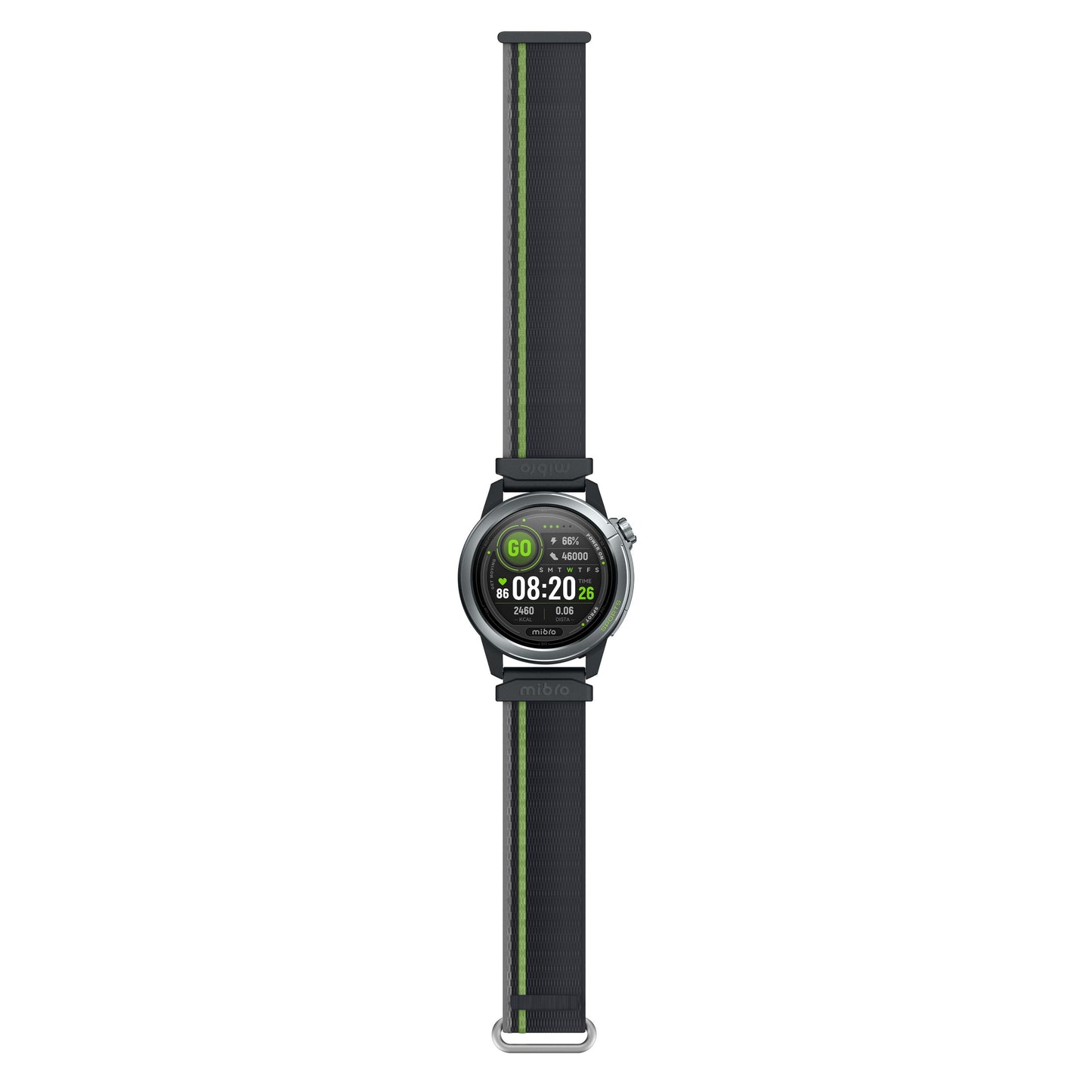 Mibro GS Active2 smartur mørkegrå, rund urskive, grønne detaljer, sort rem med grøn stribe, AMOLED-skærm med data.