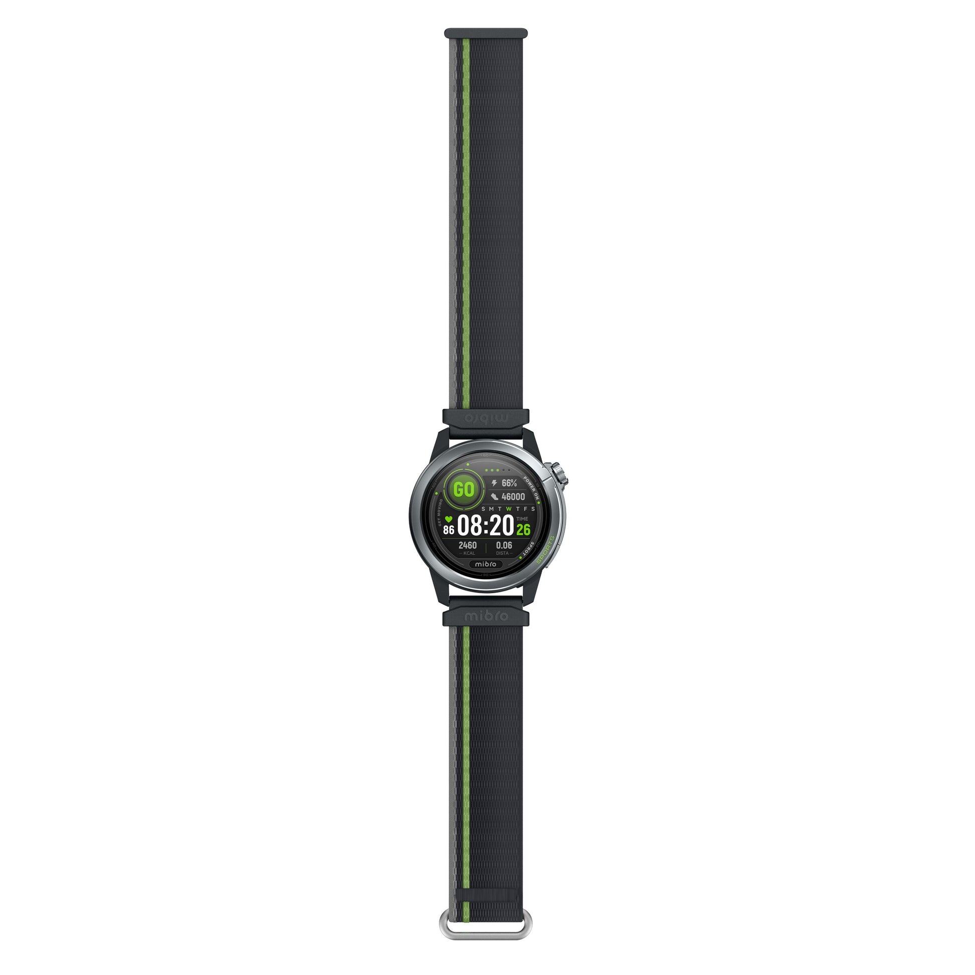 Mibro GS Active2 smartur mørkegrå, rund urskive, grønne detaljer, sort rem med grøn stribe, AMOLED-skærm med data.
