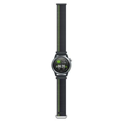 Mibro GS Active2 smartur mørkegrå, rund urskive, grønne detaljer, sort rem med grøn stribe, AMOLED-skærm med data.