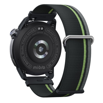 Mibro GS Active2 smartur mørkegrå set bagfra med pulssensorer, logo, modelnavn og sort-grøn stofrem.