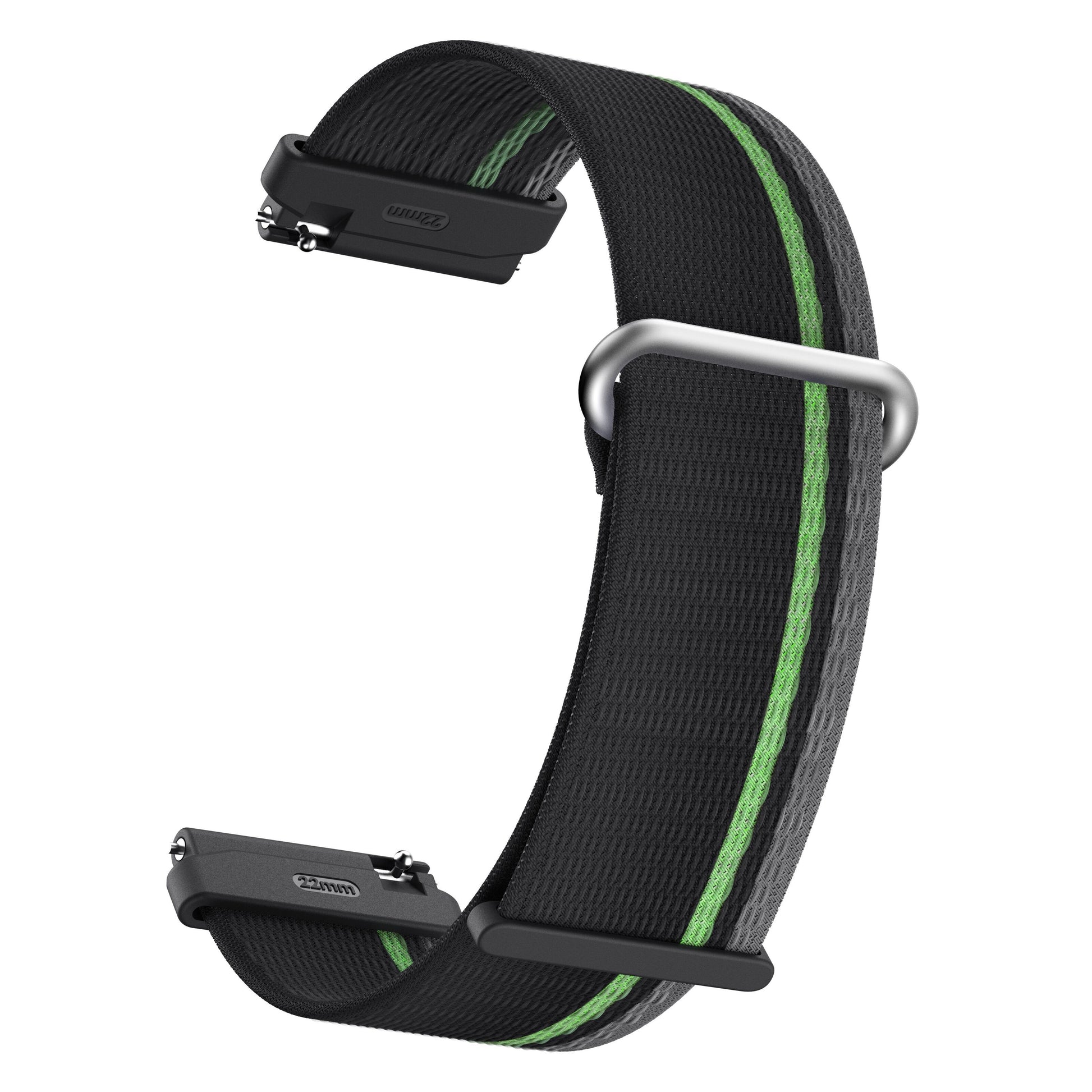 Sort stofrem med to grønne striber, sølv hardware og sorte endestykker til Mibro GS Active2 smartur mørkegrå.