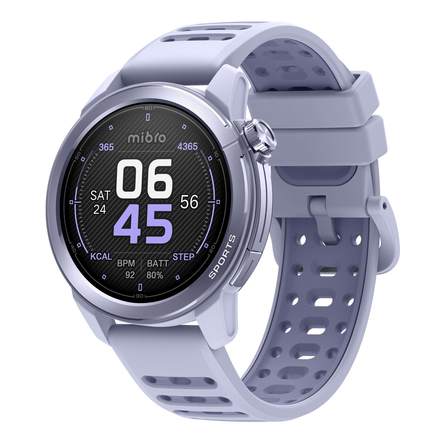 Mibro GS Active2 lilla smartwatch med rund AMOLED-skærm, perforeret silikonerem og 5 ATM vandbeskyttelse.