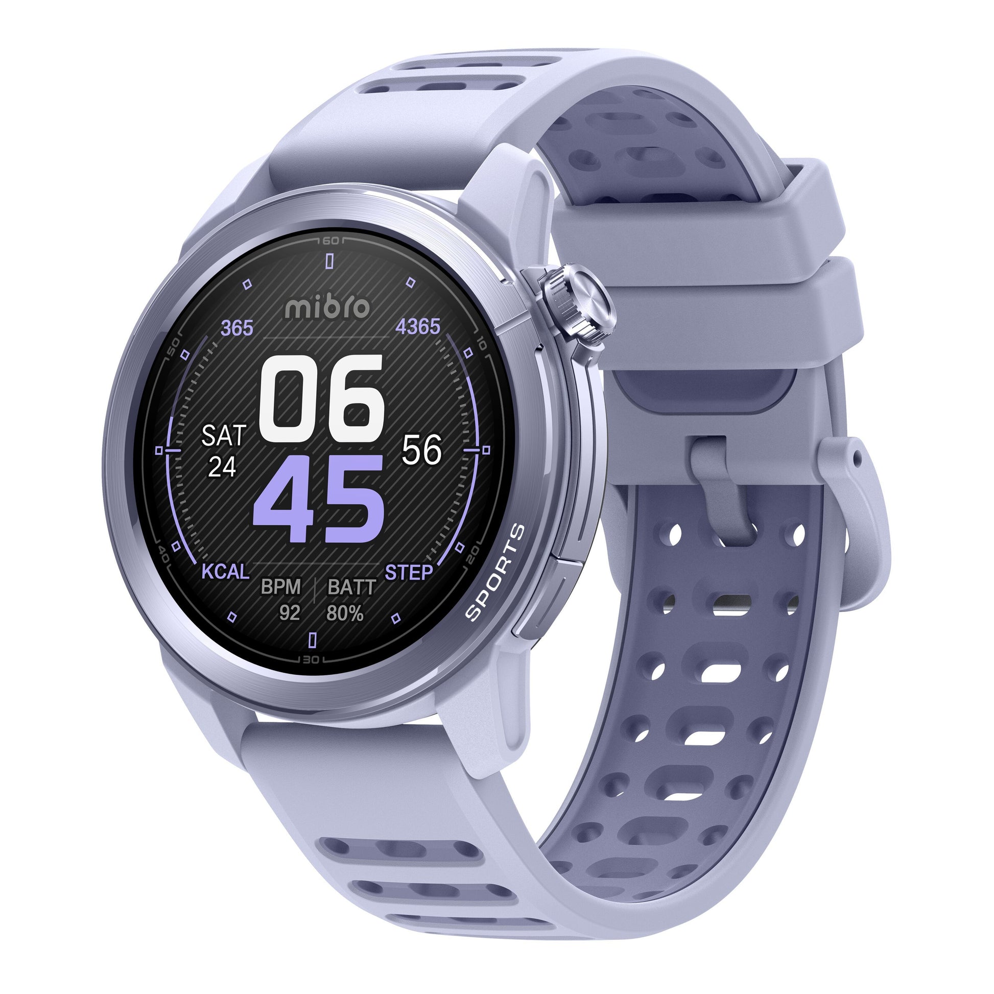 Mibro GS Active2 lilla smartwatch med rund AMOLED-skærm, perforeret silikonerem og 5 ATM vandbeskyttelse.