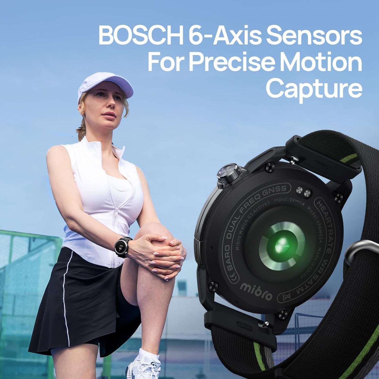 Mibro GS Active2 smartur lilla på håndled, synlig grøn sensor, tekst: BOSCH 6-aksede sensorer til præcis bevægelsesoptagelse.
