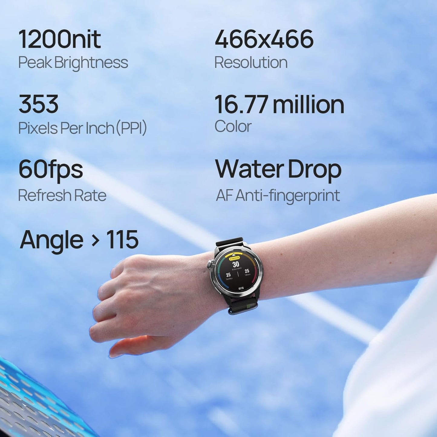 Mibro GS Active2 smartur lilla, AMOLED-skærm 466x466, 1200 nit, 353 PPI, 16.77M farver, 60 fps, Water Drop AF, 5 ATM vandtæt.