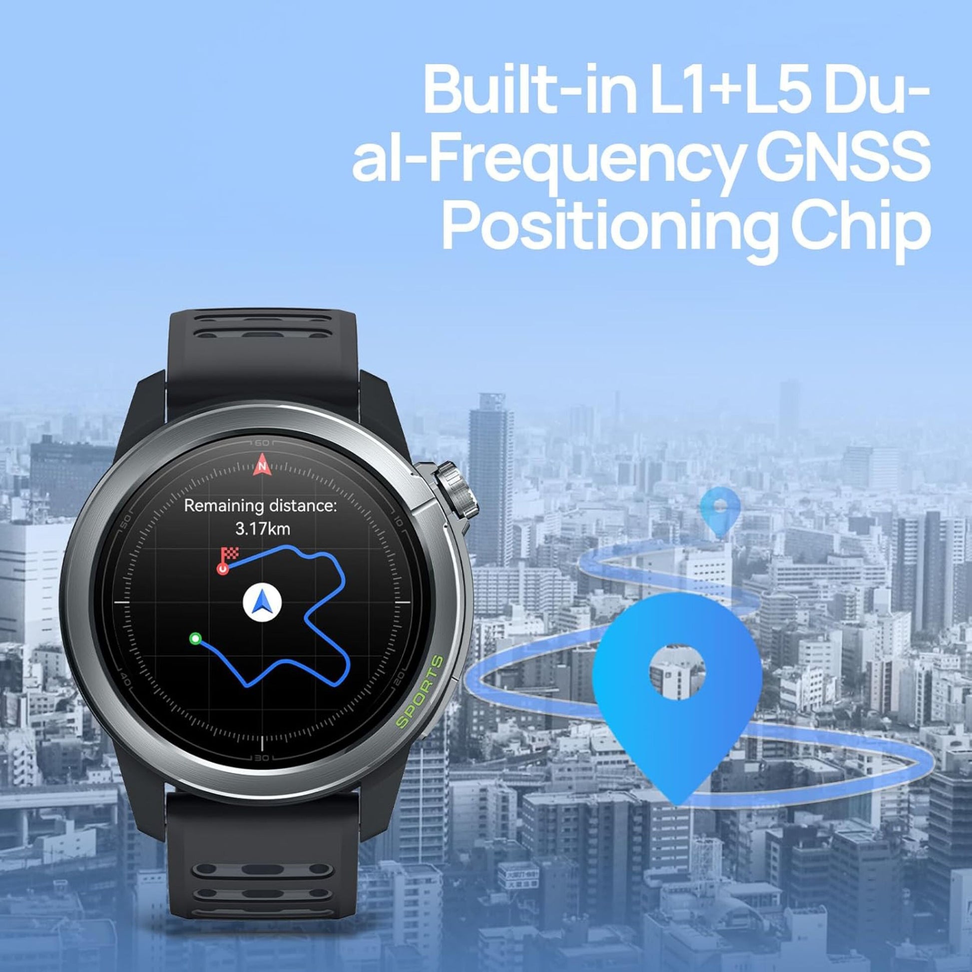 Mibro GS Active2 smartur lilla med AMOLED-skærm, bykort, tekst om L1+L5 dual-frequency GNSS chip, GPS-pin og rute.