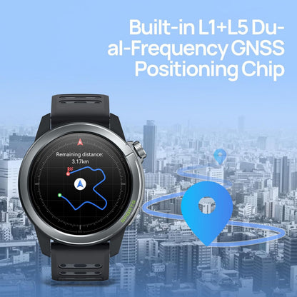 Mibro GS Active2 smartur lilla med AMOLED-skærm, bykort, tekst om L1+L5 dual-frequency GNSS chip, GPS-pin og rute.