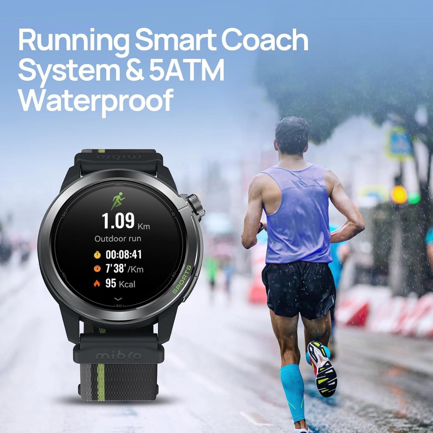 Mibro GS Active2 smartur lilla, AMOLED-skærm med løbestatistik, tekst: Running Smart Coach System, GPS, 5 ATM.