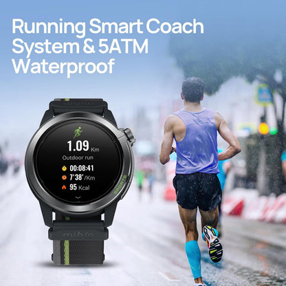 Mibro GS Active2 smartur lilla, AMOLED-skærm med løbestatistik, tekst: Running Smart Coach System, GPS, 5 ATM.
