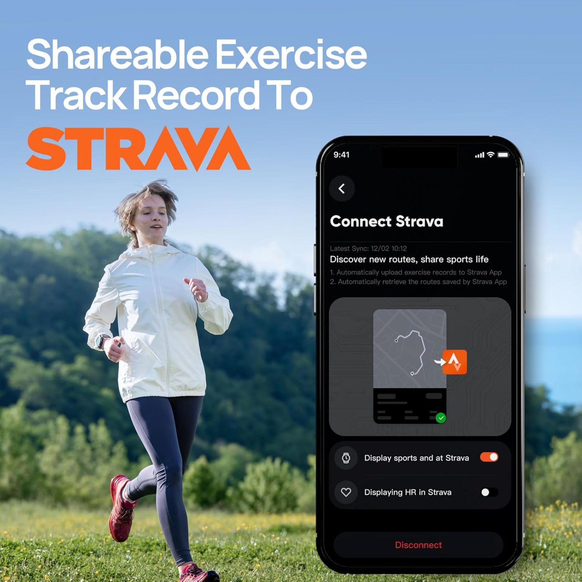 Mibro GS Active2 smartur Lilla vises på kvinde, GPS og Strava-delingsmulighed ses på smartphone-skærm.