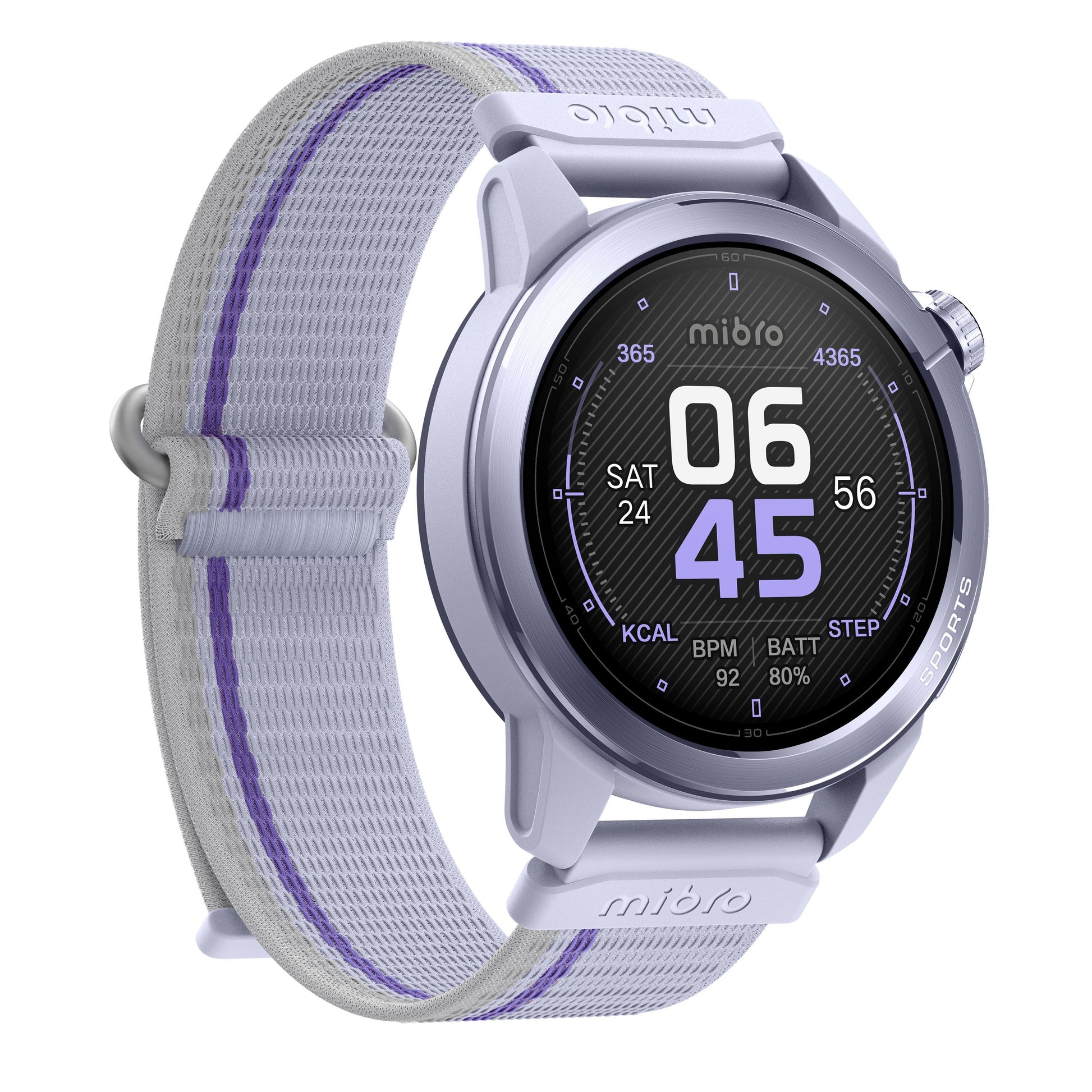 Mibro GS Active2 smartur lilla, rund AMOLED-skærm, viser tid 06:45, dato, kalorier, BPM, skridt, GPS, grå/lilla stofrem.