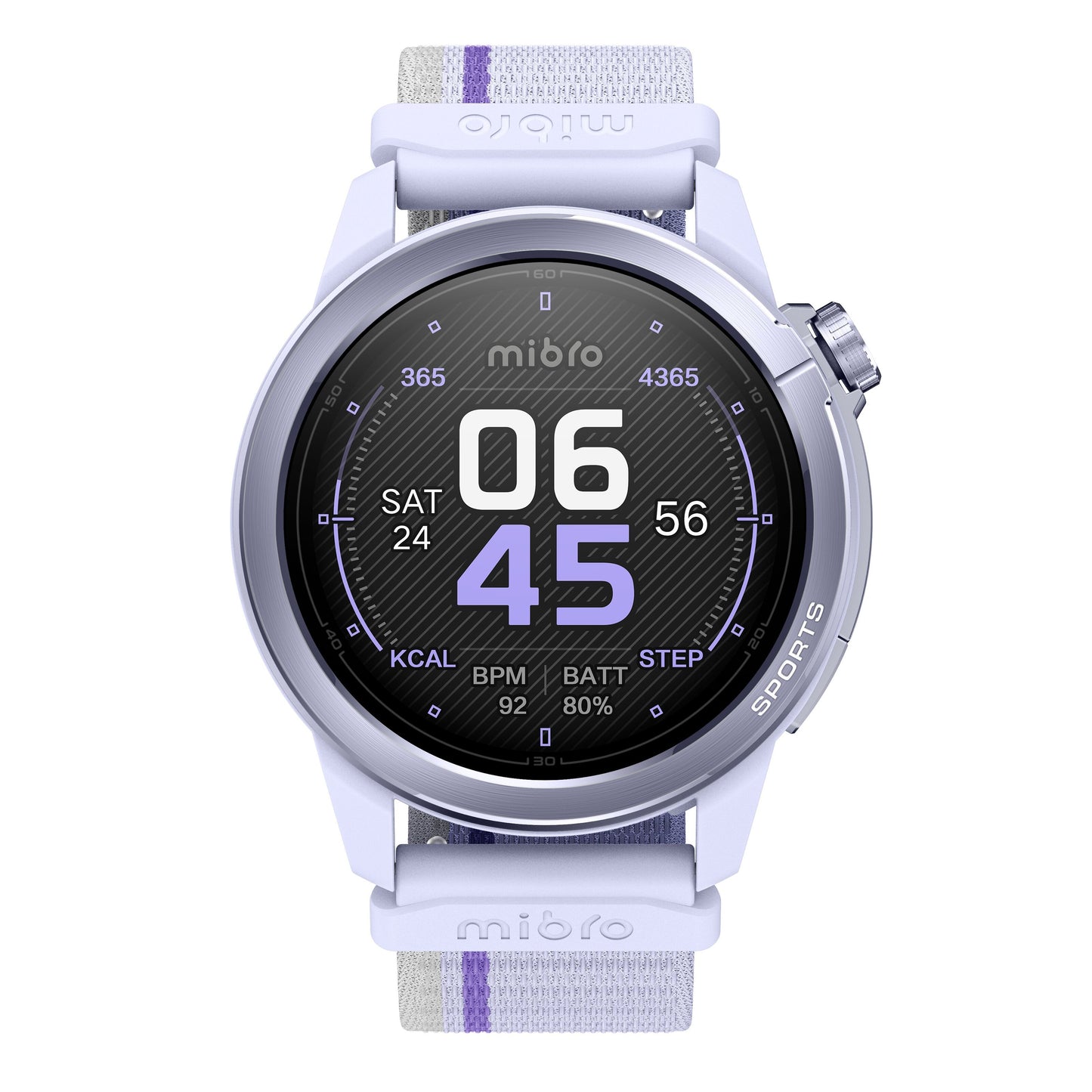 Mibro GS Active2 smartur med AMOLED-skærm, rund urskive, GPS, hvid rem med lilla stribe, viser tid, dato og aktivitet.