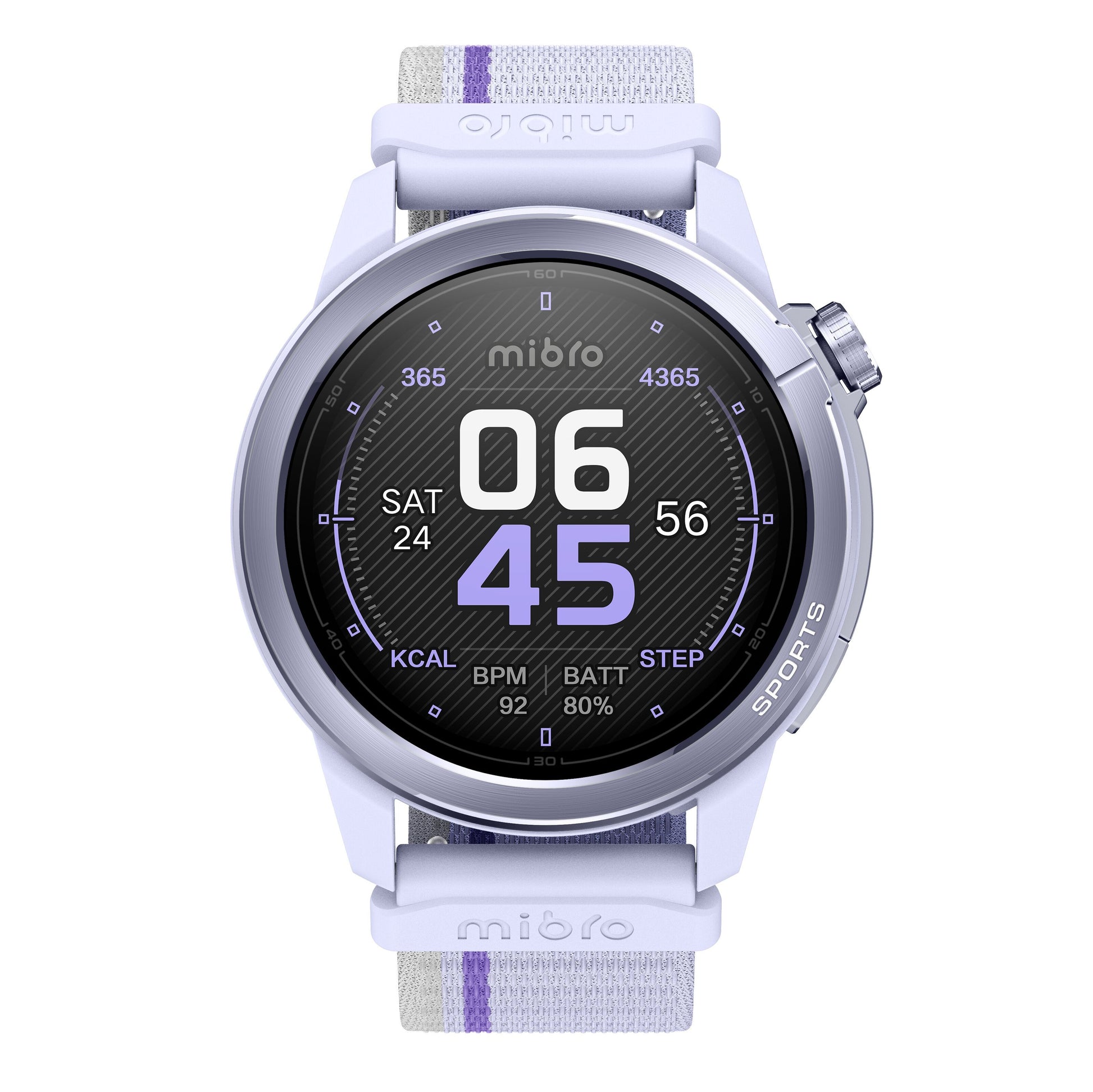 Mibro GS Active2 smartur med AMOLED-skærm, rund urskive, GPS, hvid rem med lilla stribe, viser tid, dato og aktivitet.