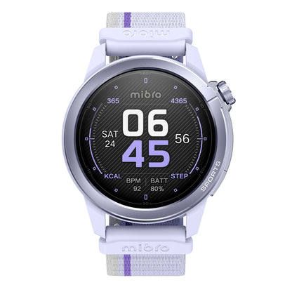 Mibro GS Active2 smartur med AMOLED-skærm, rund urskive, GPS, hvid rem med lilla stribe, viser tid, dato og aktivitet.