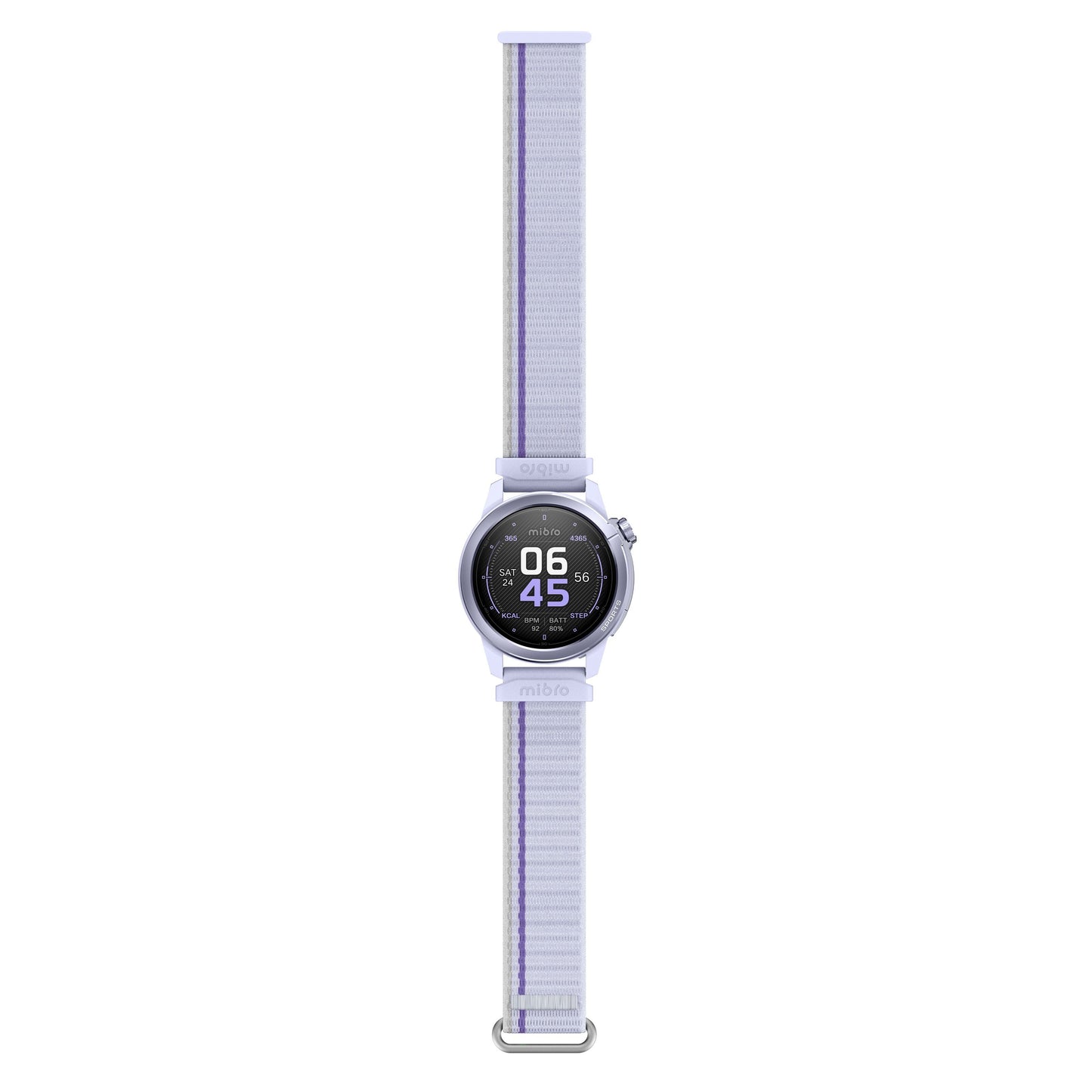 Mibro GS Active2 smartur med AMOLED-skærm, rundt display viser "06:45", lys lilla stofrem med mørklilla stribe.