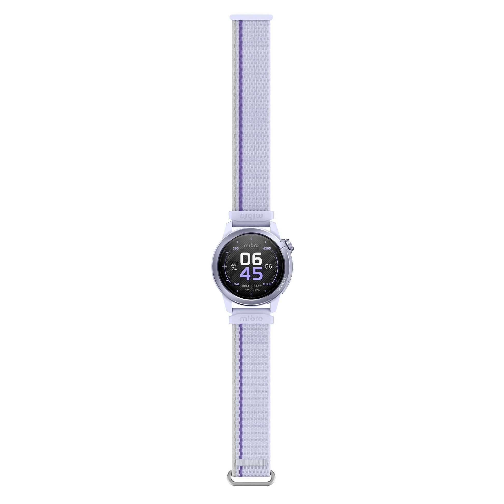 Mibro GS Active2 smartur med AMOLED-skærm, rundt display viser "06:45", lys lilla stofrem med mørklilla stribe.