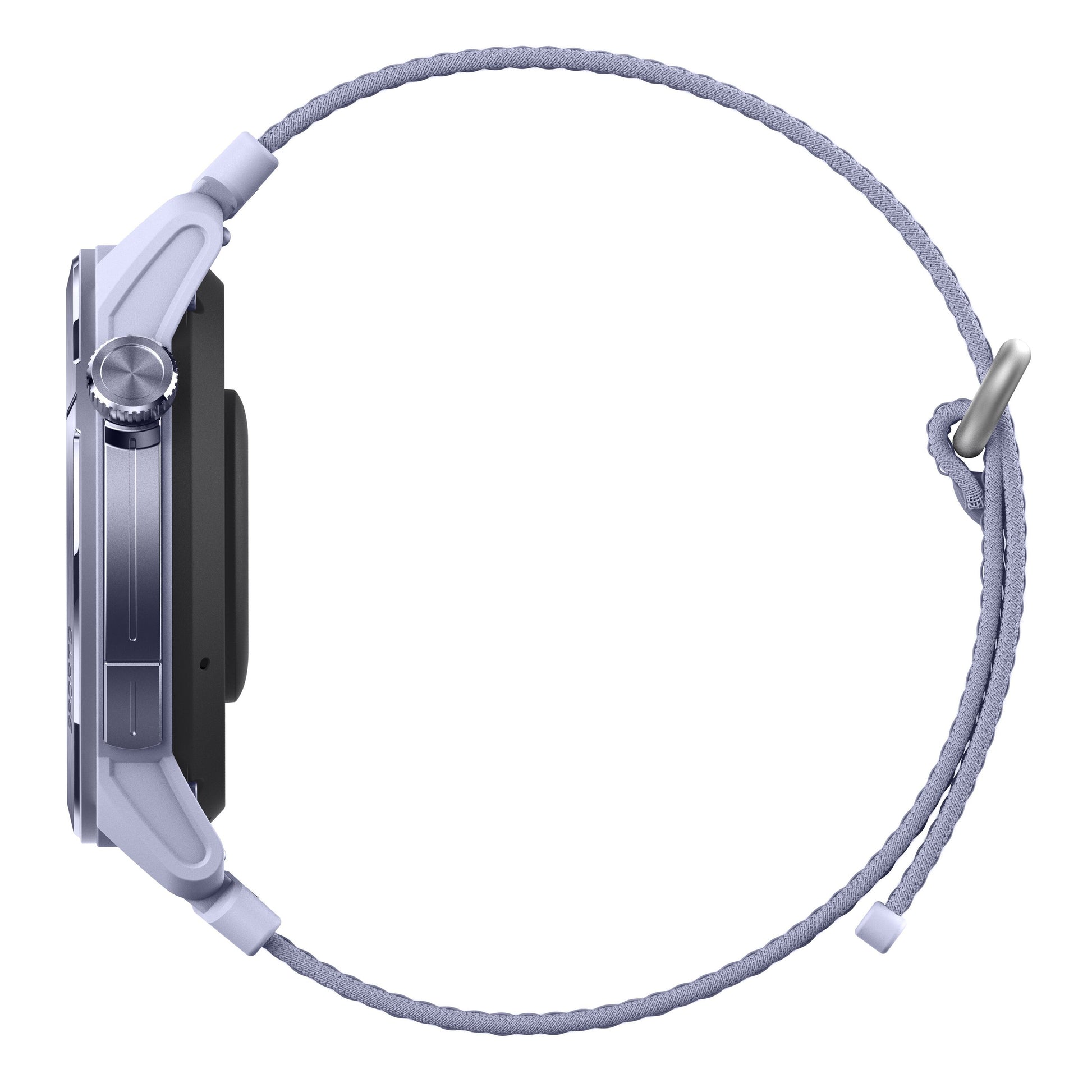 Mibro GS Active2 smartur, sølvfarvet urkasse, AMOLED-skærm, rund knap, lys lilla flettet rem med metalklemme.