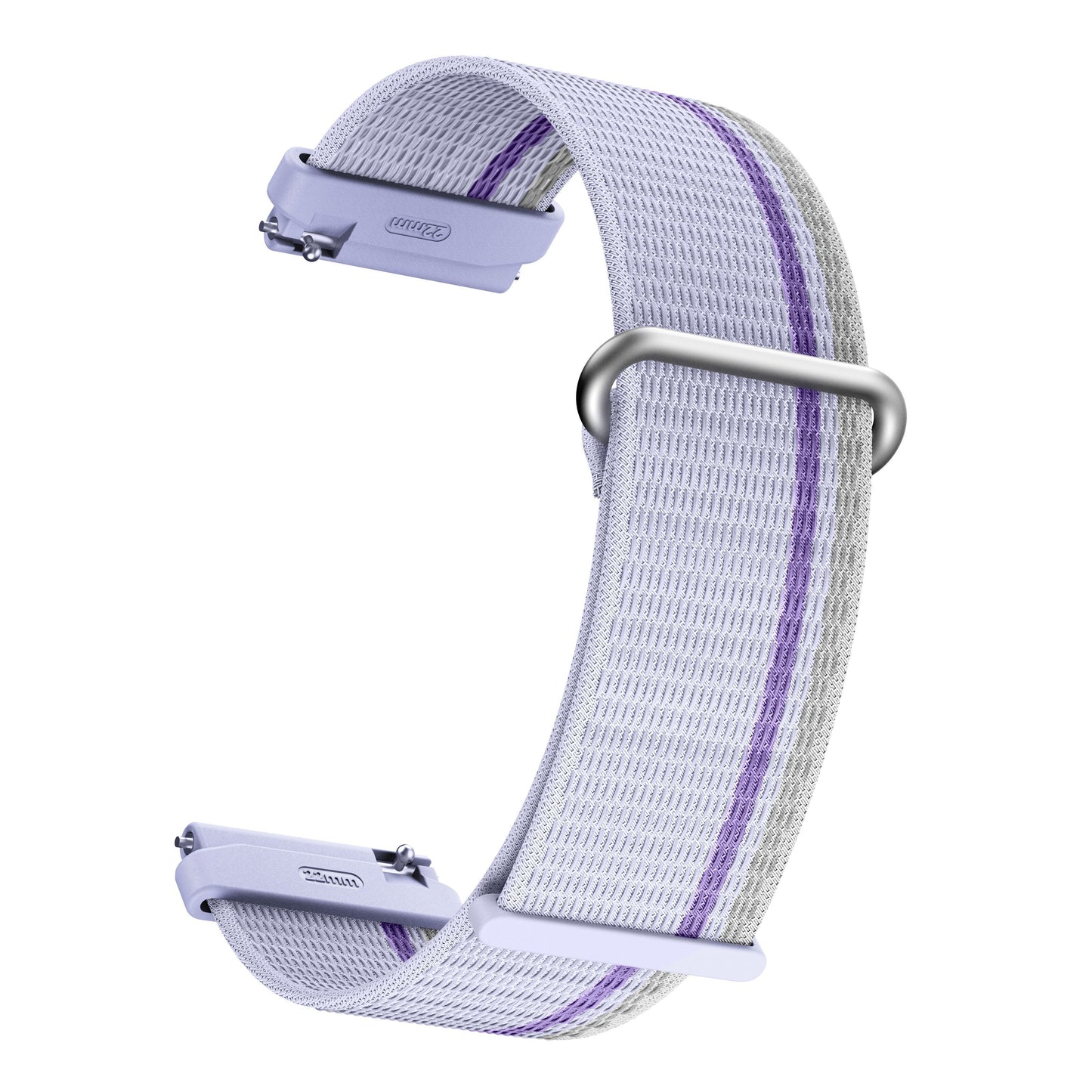 Mibro GS Active2 letgråt vævet stofrem med lilla midterstribe, sølv hardware og lyse lilla stik til GPS/AMOLED smartwatches.