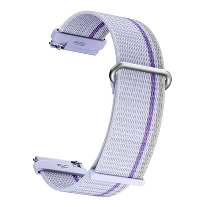Mibro GS Active2 letgråt vævet stofrem med lilla midterstribe, sølv hardware og lyse lilla stik til GPS/AMOLED smartwatches.