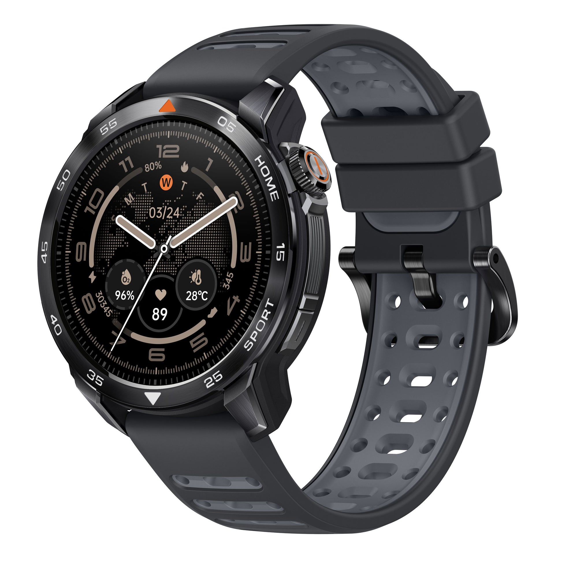 Mibro GS Pro2 smartwatch sort/grå, rund skærm med tid, dato, batteri, puls, vejr, skridt, GPS og silikonerem.